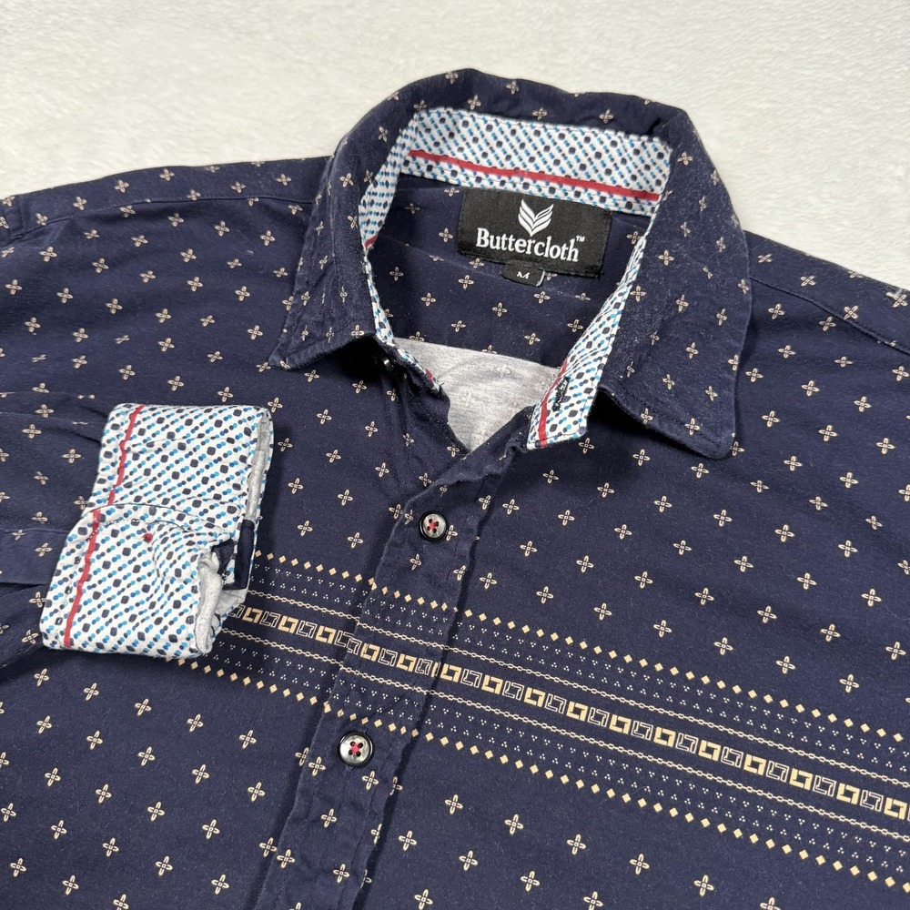 Buttercloth Shirt Mens Medium Navy Blue Long‎ Sleeve Button Up Patterned Cotton